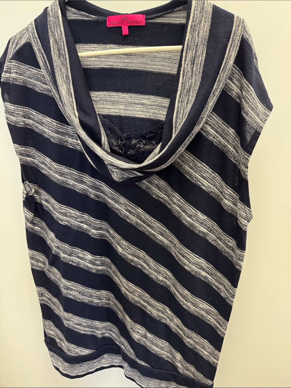 Almost Famous Navy & Gray Striped Cowl Neck Cap Sleeve Tank with lace detail